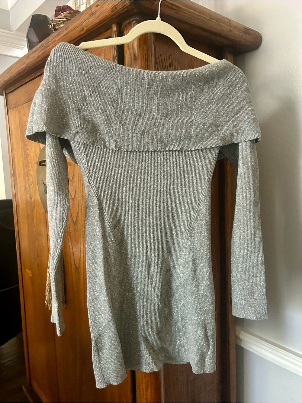 White House Black Market Metallic Light Gray Off-the-Shoulder Sweater